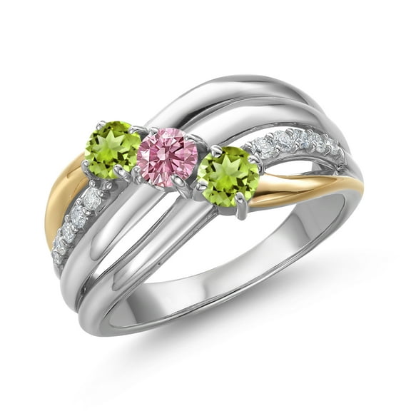 Gem Stone King 925 Silver and 10K Yellow Gold Green Peridot and Pink Lab Grown Diamond Engagement Ring for Women | 1.00 Cttw | Round 4MM | August Birthstone | Size 8