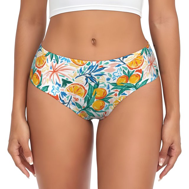 fotbe colorful fruits calzones estampados para mujer – ropa interior de algodón, cómoda, suave y elástica-large Vista frontal centrada de calzones fotbe con estampado de frutas coloridas; corte tiro alto y cobertura total, pretina elástica forrada, entrepierna de doble capa y tejido sin costuras con diseño de naranjas y hojas sobre fondo claro, tela elástica en 4 direcciones para movimiento y ajuste cómodo; a menudo usados para recuperación postparto o uso diario.