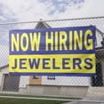 thumbnail image 2 of Now Hiring Jewelers 13 oz Heavy Duty Vinyl Banner Jeweler Jobs Available Goldsmith Help Wanted Sign for Business Advertising Indoor/Outdoor Single-Sided with Metal Grommets (4x6 ft, Bl & Ye), 2 of 6