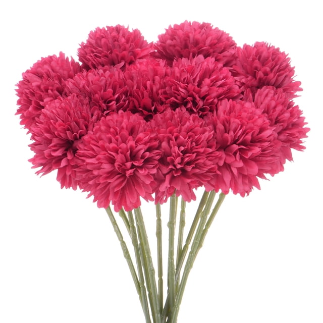 Uxcell 12 Paquete de Flores de Bola de Crisantemo Artificial de 11 pulgadas Ramo de Seda de Crisantemo Falso para el Hogar Rojo Rosa