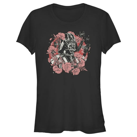Junior's Star Wars Floral Darth Vader With Tie Fighters  Graphic Tee Black X Large