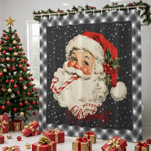 Christmas Santa Claus Shower Curtains for Bathroom, Winter Xmas Holly Leaf Snowy Black Waterproof Fabric Shower Curtain, Decorative Bathroom Curtain for Bathtub, 72"x72", No Hooks Included