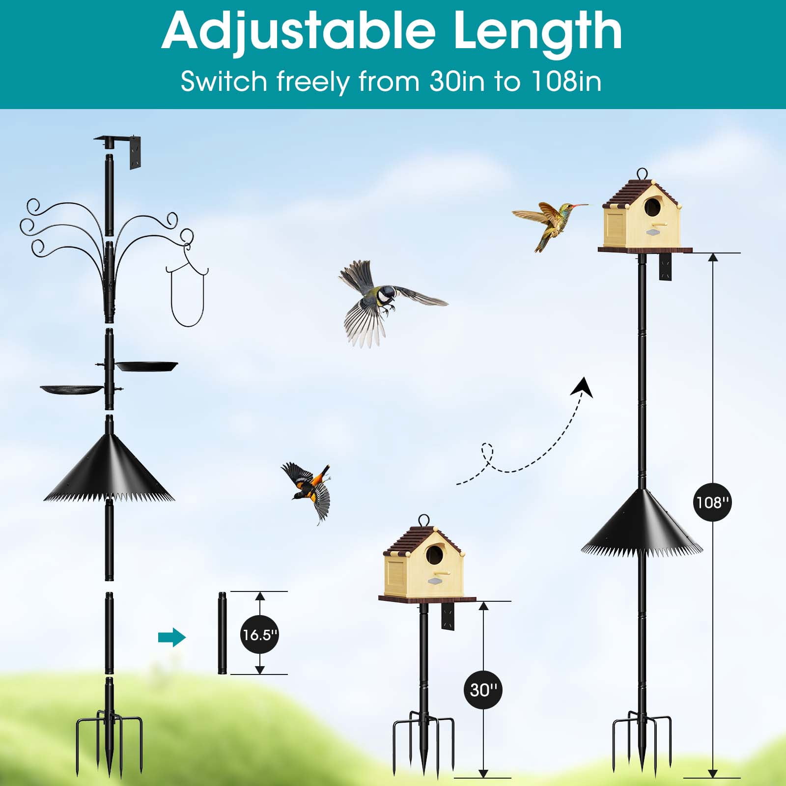 Bird Feeder Pole Squirrel Proof, 108 Inch Heavy Duty Bird House Pole, Adjustable Bird Feeder Stand with 5 Shepherds Hooks, 2 Mental Trays, Hummingbird Swing