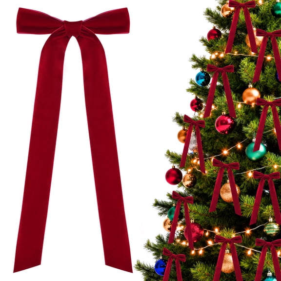 Yexmas 12pcs Burgundy Velvet Christmas Bows, Ribbon Bows Xmas Ornaments for Christmas Tree Home Party Staircase Door Wreath Garland Holiday Decor