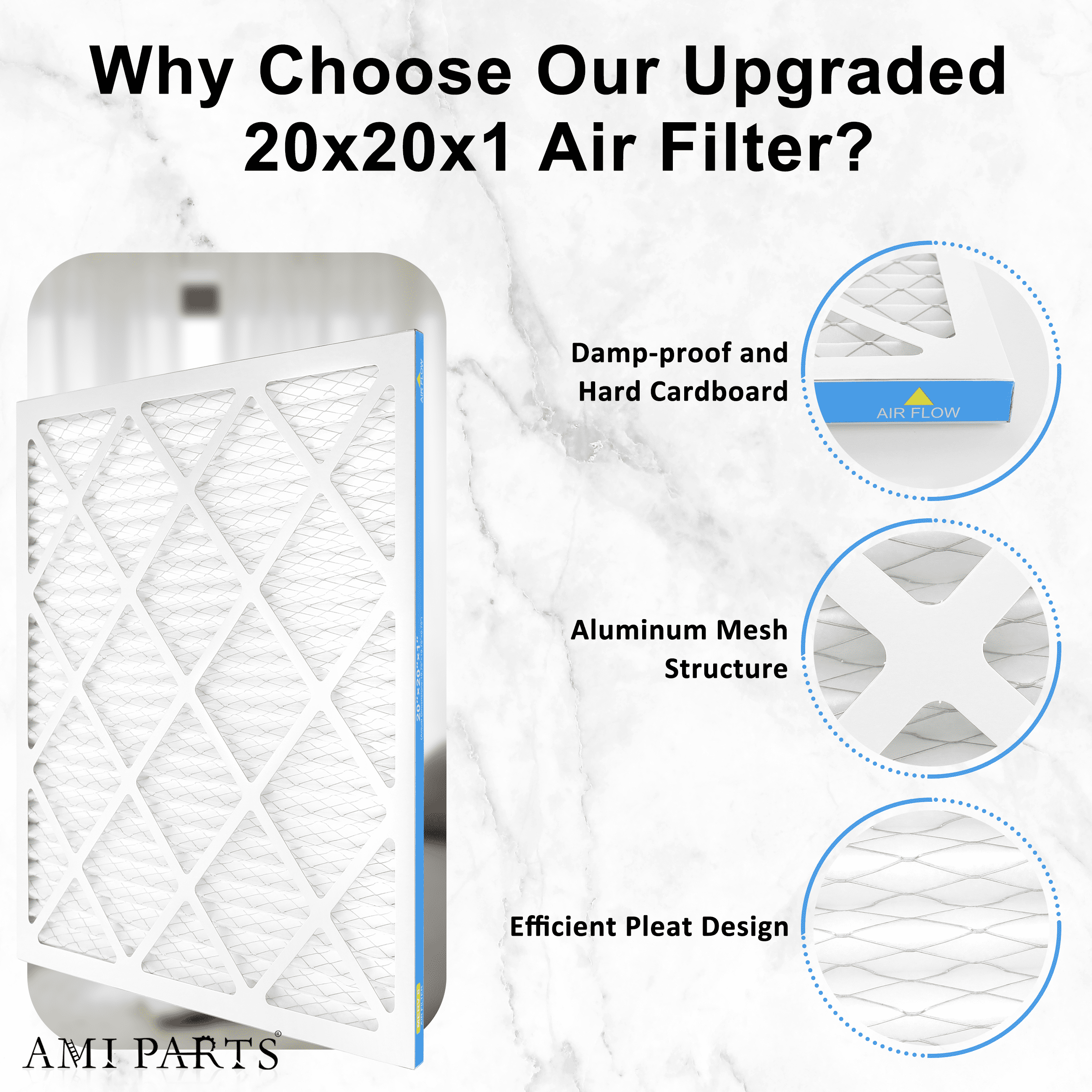 AMI PARTS 20x20x1 Furnace Air Filter MERV8 (MPR 600) Dust Reduction, Pleated HVAC AC Air Filters, 4 Filters