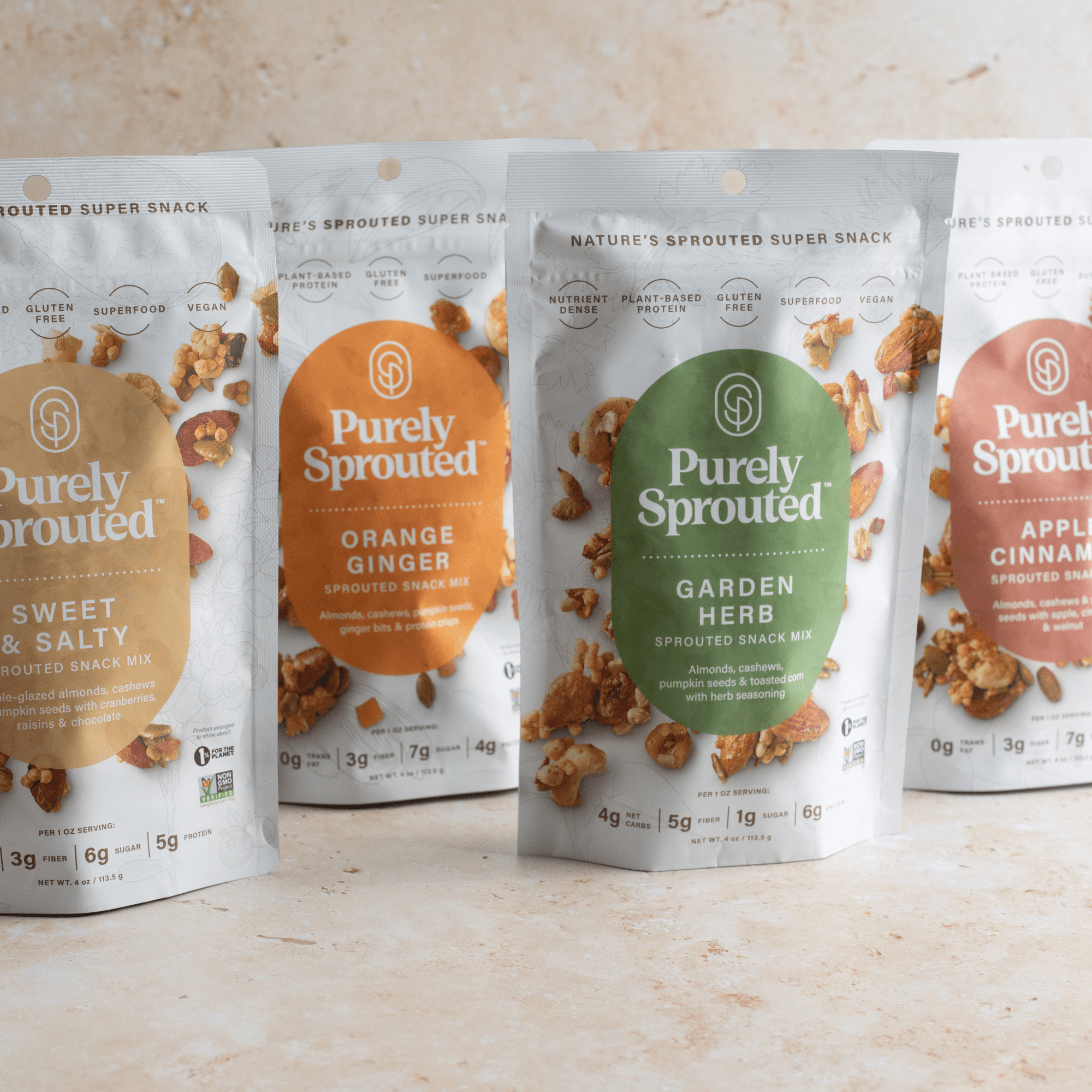 Purely Sprouted Snack Clusters Assortment with Almonds and Cashews, Apple Cinnamon, Sweet & Salty, Garden Herb, Orange Ginger, 4 oz Bags, 4 pack