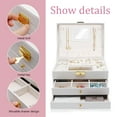 thumbnail image 6 of Portable Jewelry Box Built-in Mirror, Jewelry Storage Organizer with Key, 3 Layer Medium Size Ring Necklace Leather Travel Jewelry Case, Ideal Gift Perfect for Wife Women Girlfriend Girls, White, 6 of 10