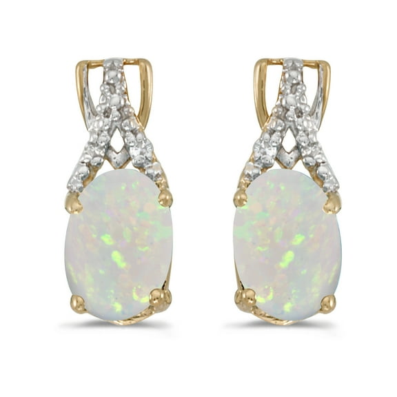 10k Yellow Gold Oval Opal And Diamond Earrings