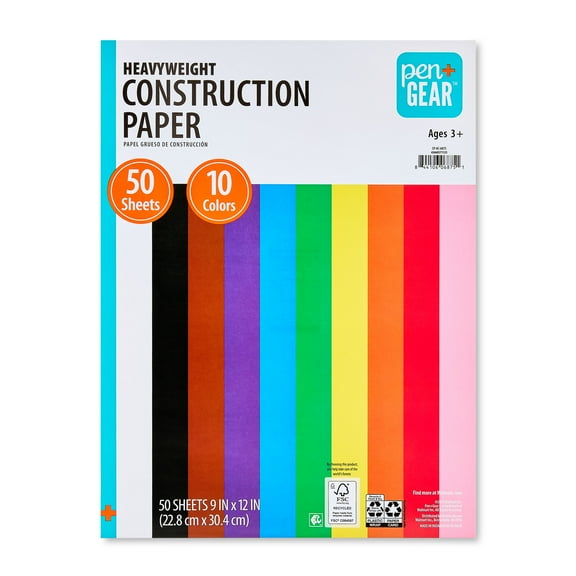 Pen+Gear Heavyweight Construction Paper, Assorted Colors, 9" x 12", 50 Sheets