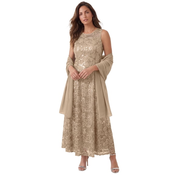 Roaman's Women's Plus Size Plus-Size Allover Lace Embellished Shawl Gown