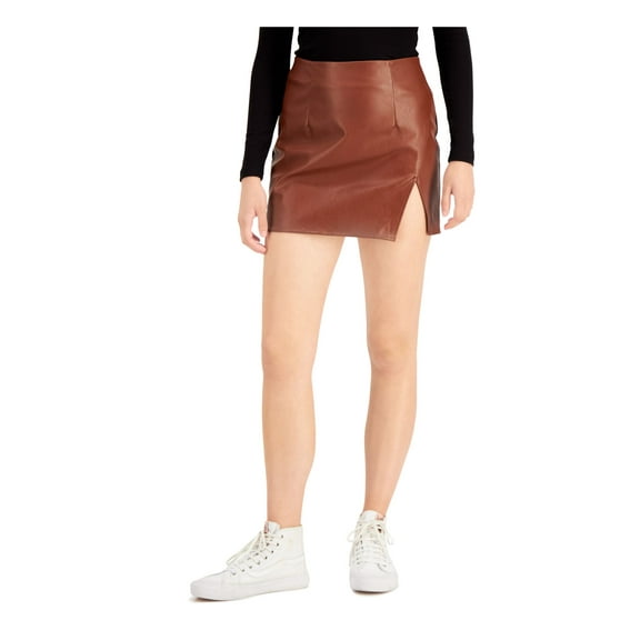TINSELTOWN Womens Brown Faux Leather Slitted Zippered Lined Mini Party Body Con Skirt Juniors L