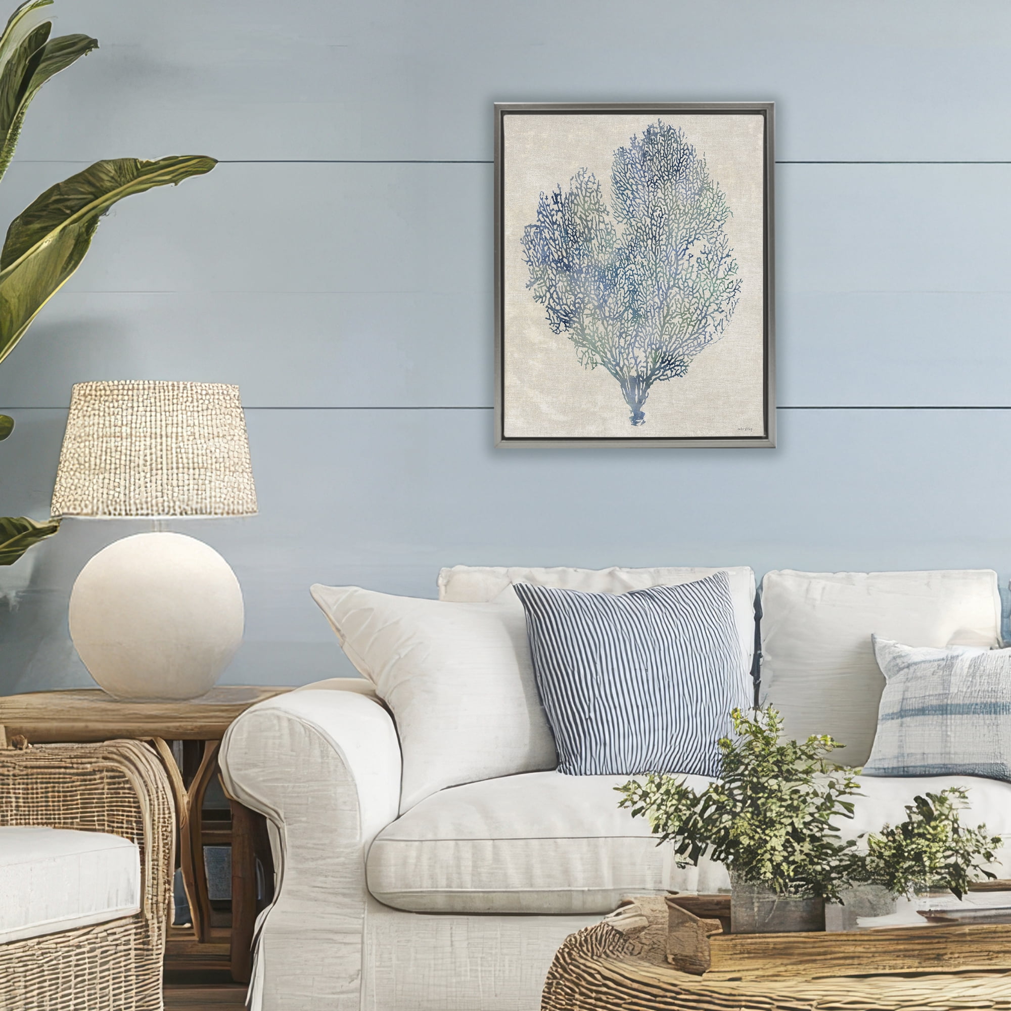 Stupell Industries Fan Coral in Blue & Green Gray Framed Floater Canvas Wall Art, design by Amber Sterling