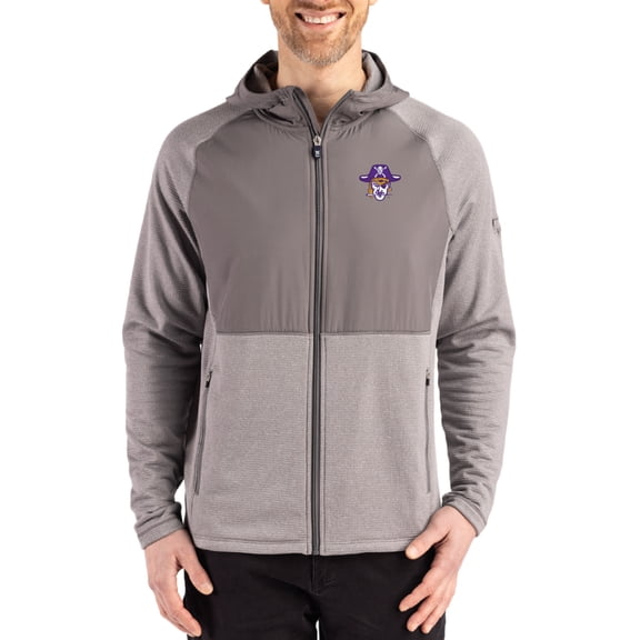 Men's Cutter & Buck Heather Gray ECU Pirates Peshastin Eco Fleece Recycled Raglan Full-Zip Tri-Blend Hybrid Jacket