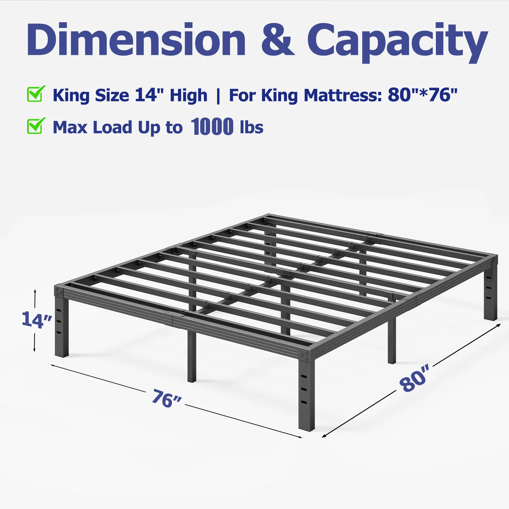 COMASACH 14 inch King Bed Frame, Easy Assembly, No Box Spring Needed, Heavy Duty Metal Platform King Size, Noise Free, Black