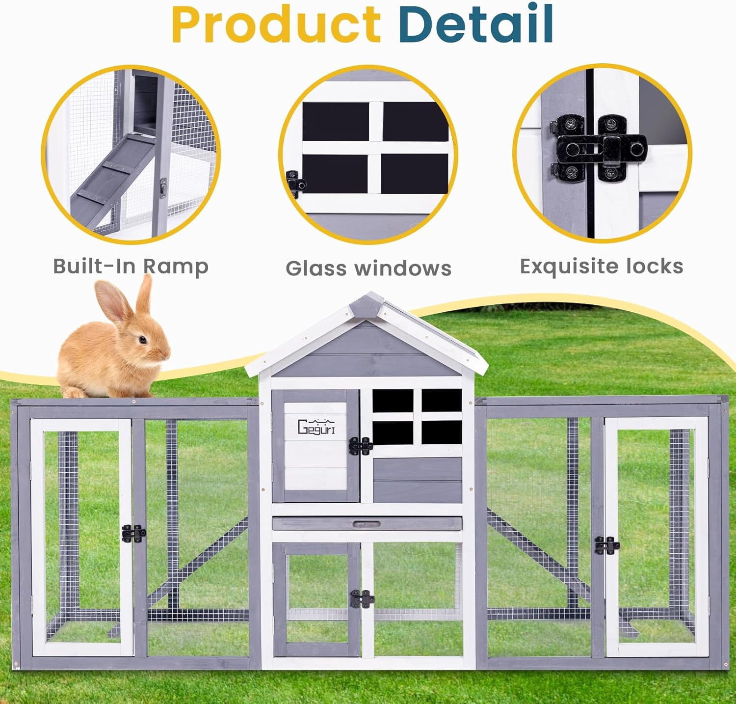 GEGURI Chicken Coop Outdoor, Rabbit Hutch Indoor, Bunny Cage with Waterproof Roof, Pull Out Tray, Predator-Resistant Fencing