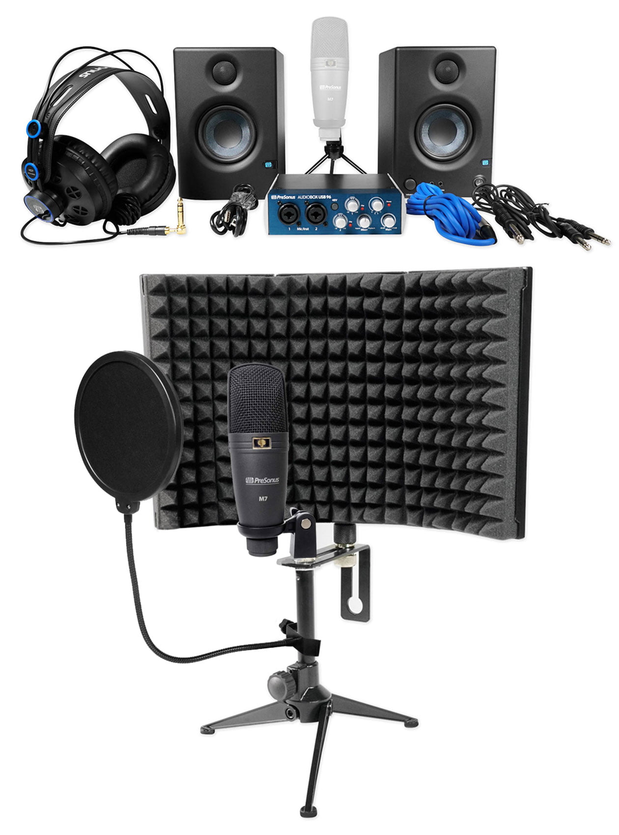 Mic Stand & XLR Cable Kit PreSonus AudioBox 96 USB 2.0 Audio Recording Interface with Blue Bluebird Condenser Microphone Studio Monitor Headphones 