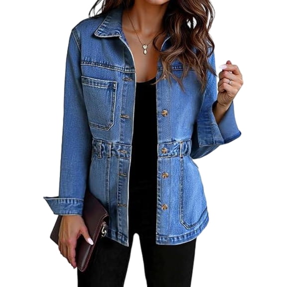 Women Casual Denim Jacket Button Up Loose Denim Coat with Pockets