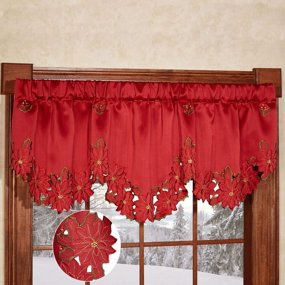 Christmas Poinsettia Scalloped Valance - Red, Gold, Green - Fine Window Treatment for your Kitchen, Dining Room - Holiday Embroidery Polyester Swag Valance 70 x 22