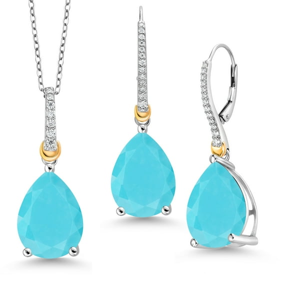 Gem Stone King 925 Silver and 10K Yellow Gold Pendant with Chain Earrings Set Turquoise Moissanite (18.26 Cttw)