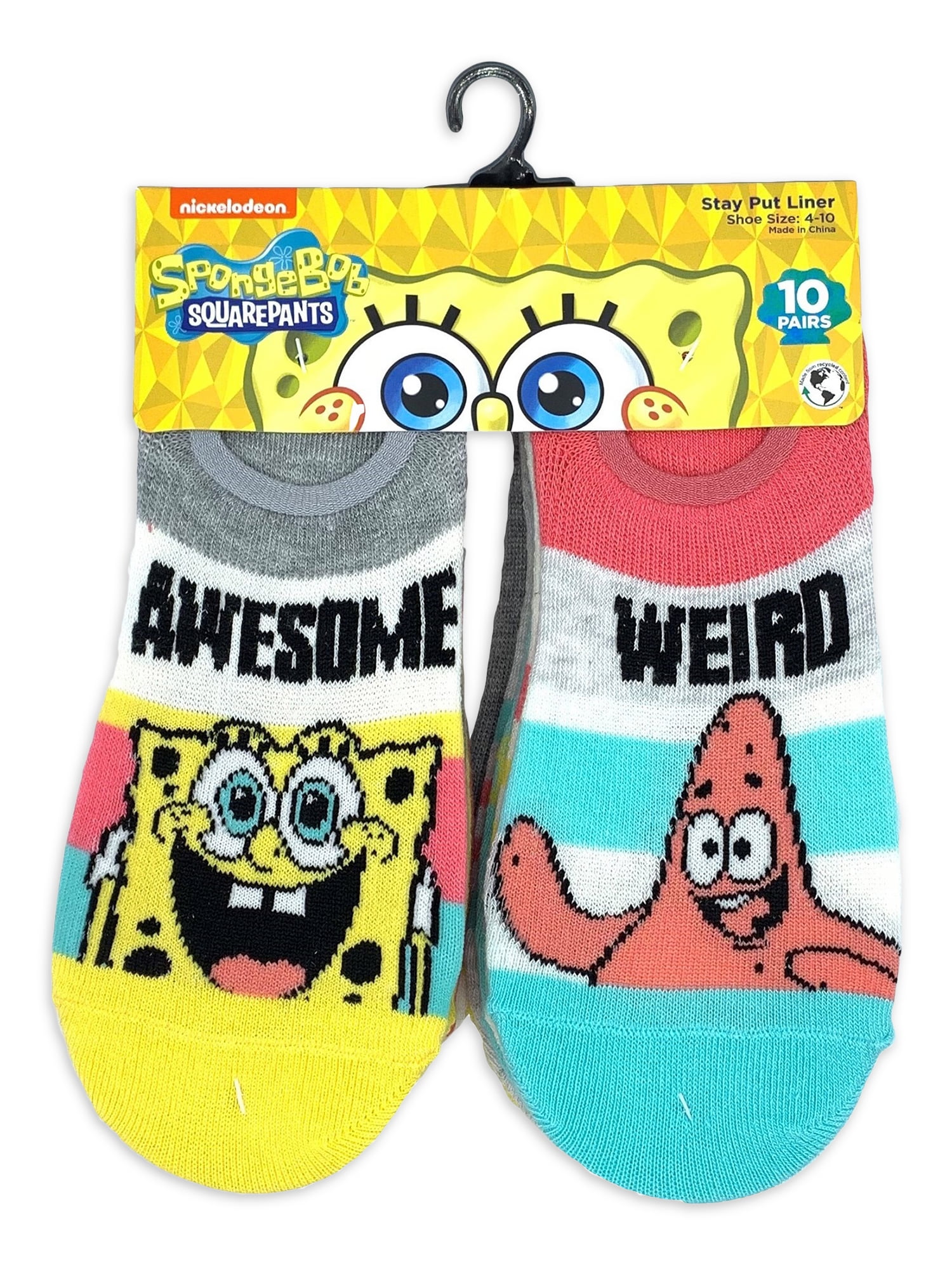 SpongeBob SquarePants Women's Stay-Put Liner Socks, 10-Pack, Size 4-10 