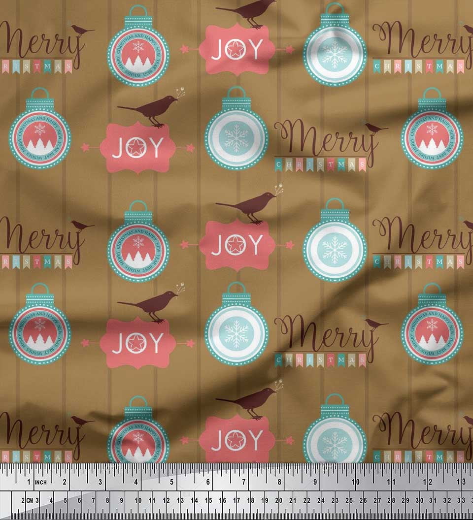 Soimoi Brown Cotton Voile Fabric Bird,Stripe & Baubles Christmas Print Sewing Fabric Yard 42 Inch Wide
