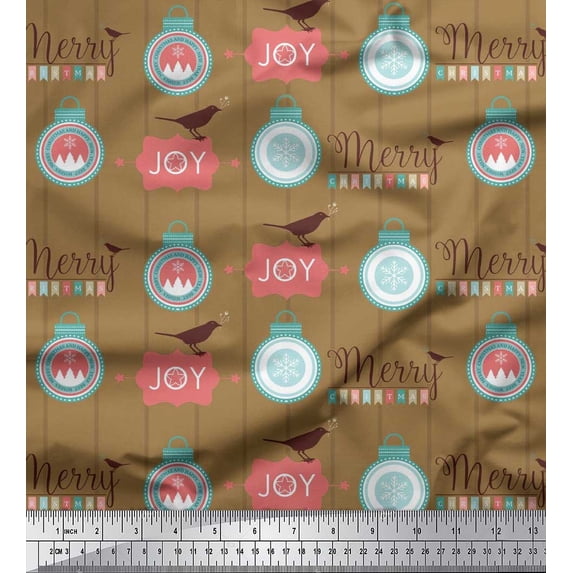 Soimoi Brown Cotton Voile Fabric Bird,Stripe & Baubles Christmas Print Sewing Fabric Yard 42 Inch Wide