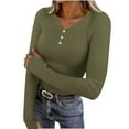thumbnail image 2 of Otntypg Women's Long Sleeve Henley Tops Ribbed Knit Slim Fitted Trendy Solid Color Half Button V Neck T Shirt Basic Tees Layer Fall Spring Fashion Outfits with Thumb Hole Army Green L, 2 of 10