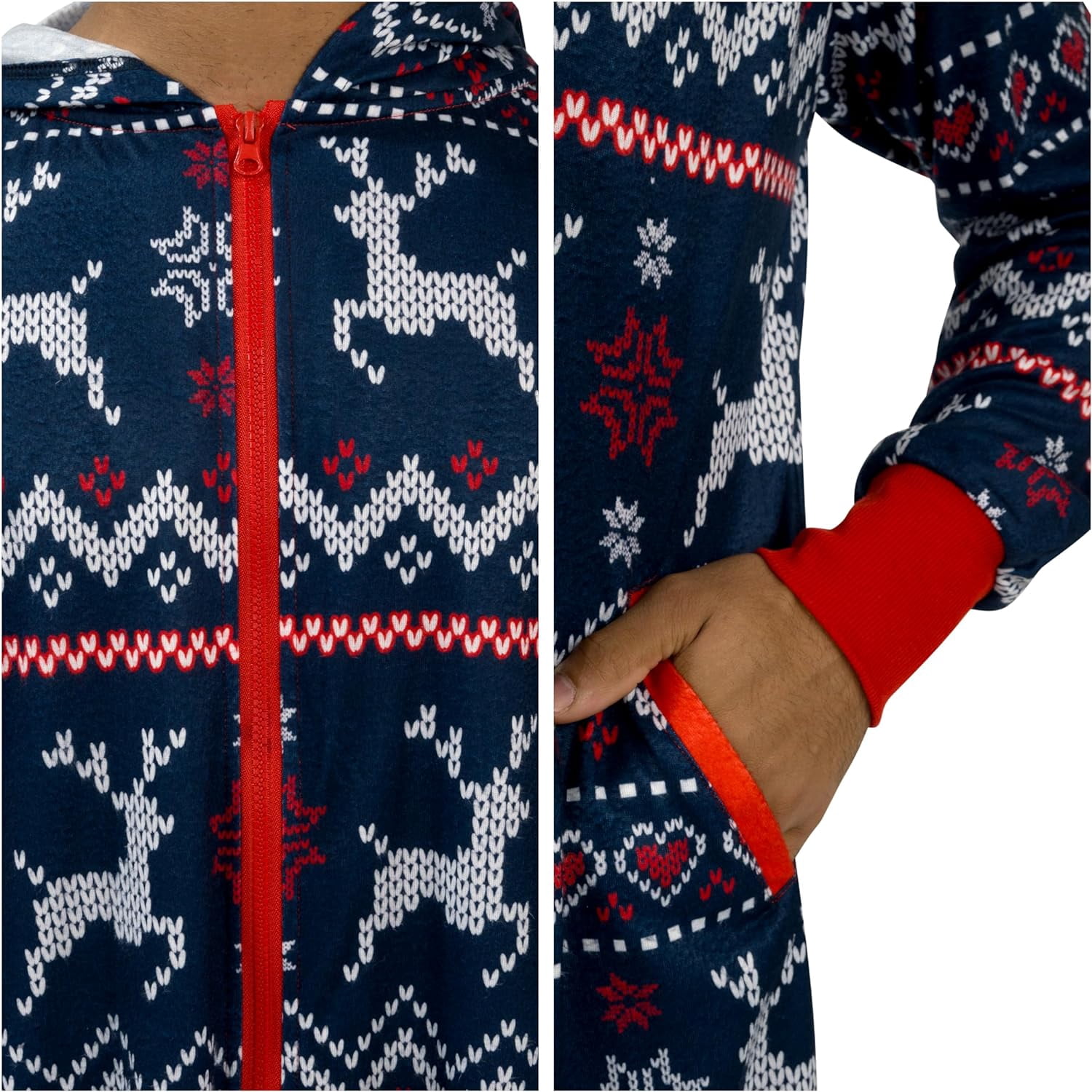 SYNCFUN Men's Christmas One-Piece Pajamas, Adult Fleece Plaid Hooded Full Zip One-Piece Pajamas Women, Women's Holiday Pajamas