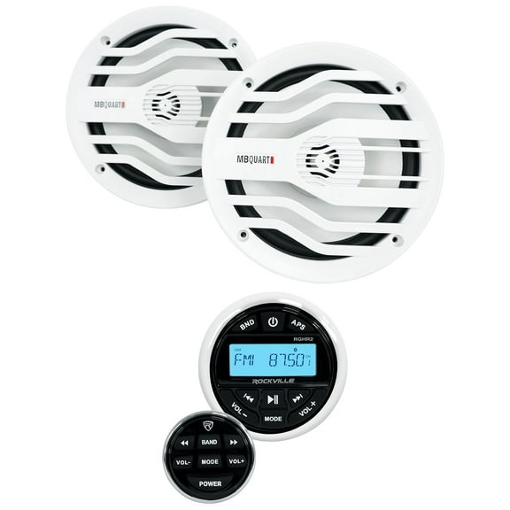Rockville RGHR2 Marine Gauge Receiver w/Bluetooth 2 White MB Quart 6.5" Speakers