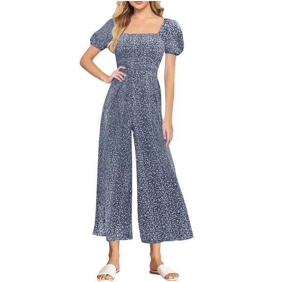 Haivin Women's Printed Wide Leg Jumpsuit with Square Neck and Puff Sleeves, Summer Casual Breathable for Daily Wear and Outdoor Activities