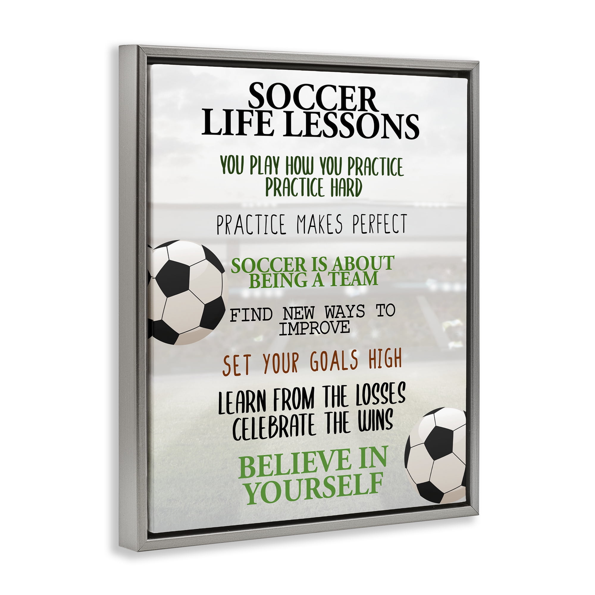 Soccer Life Lessons Gray Framed Floater Canvas Wall Art, design by Kim Allen