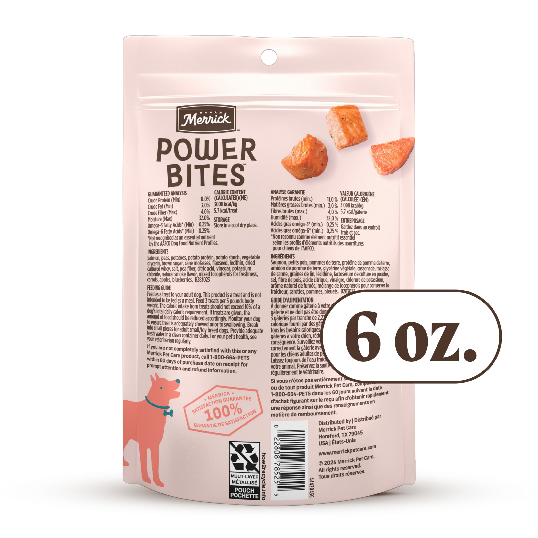 Merrick Power Bites Natural Soft And Chewy Real Meat Dog Treats, Grain Free Snack With Real Salmon Recipe, 6 oz. Bag