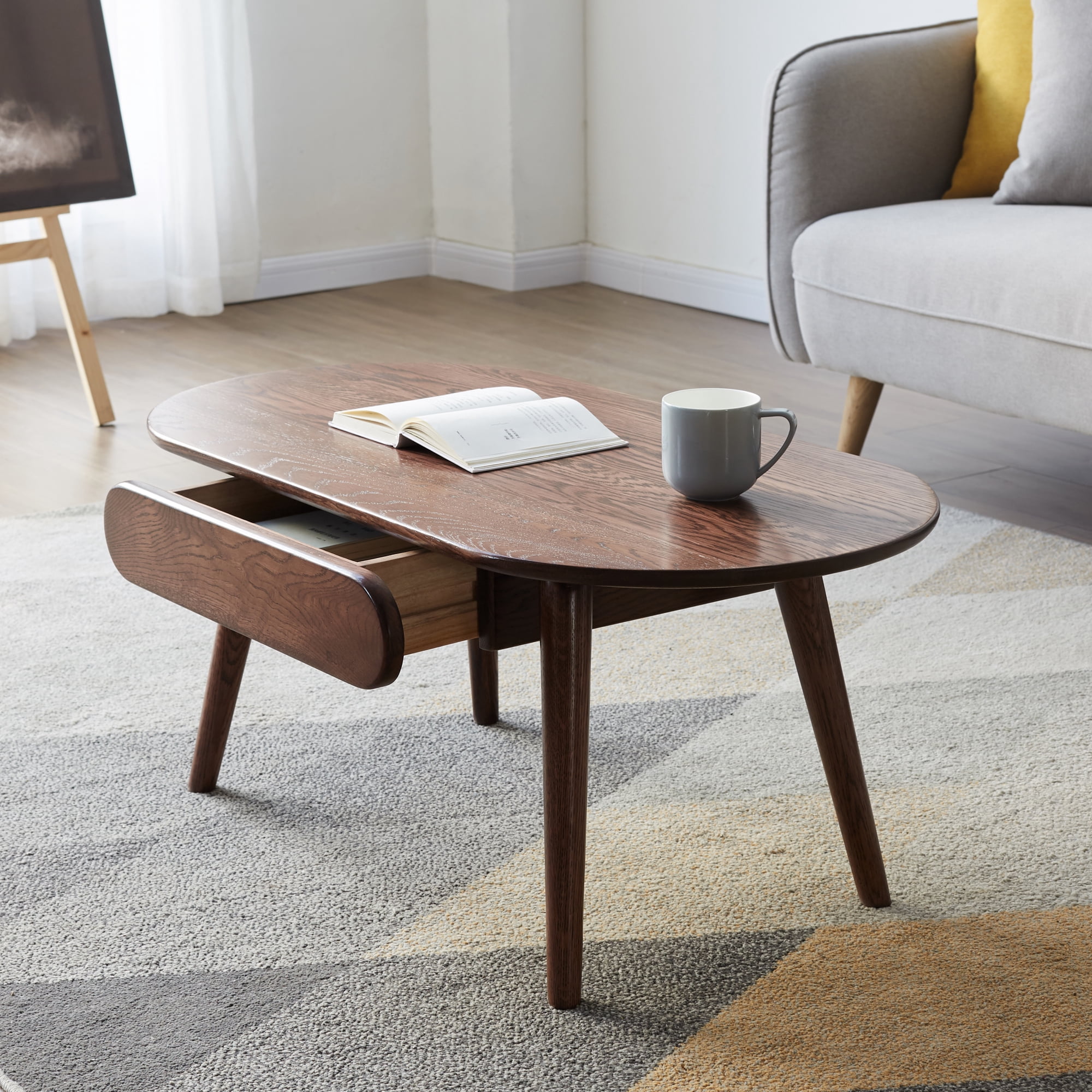MAYEERTY Capsule Solid Oak Coffee Table with Storage Drawers – Modern Oval Center Table for Living Room & Home Office