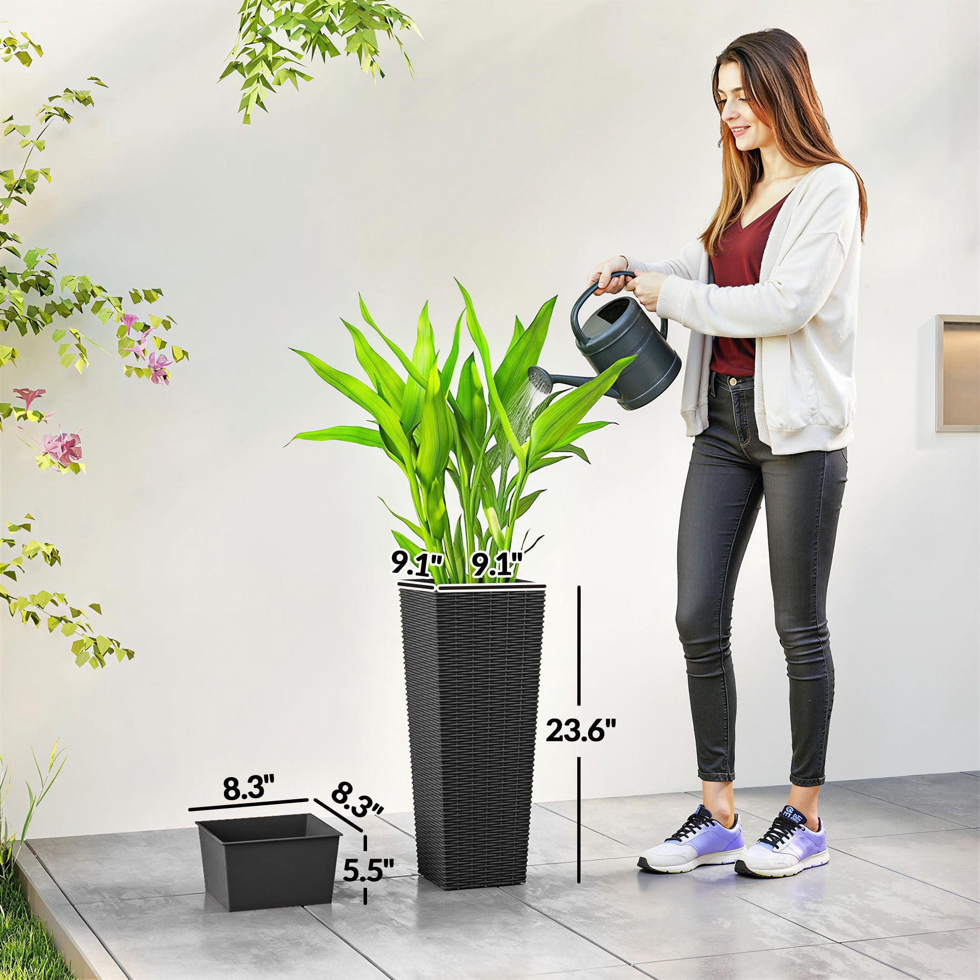 Dranite 23.6in Tall Plastic Planters Set of 2, Black Outdoor Flower Pots with Drainage Holes