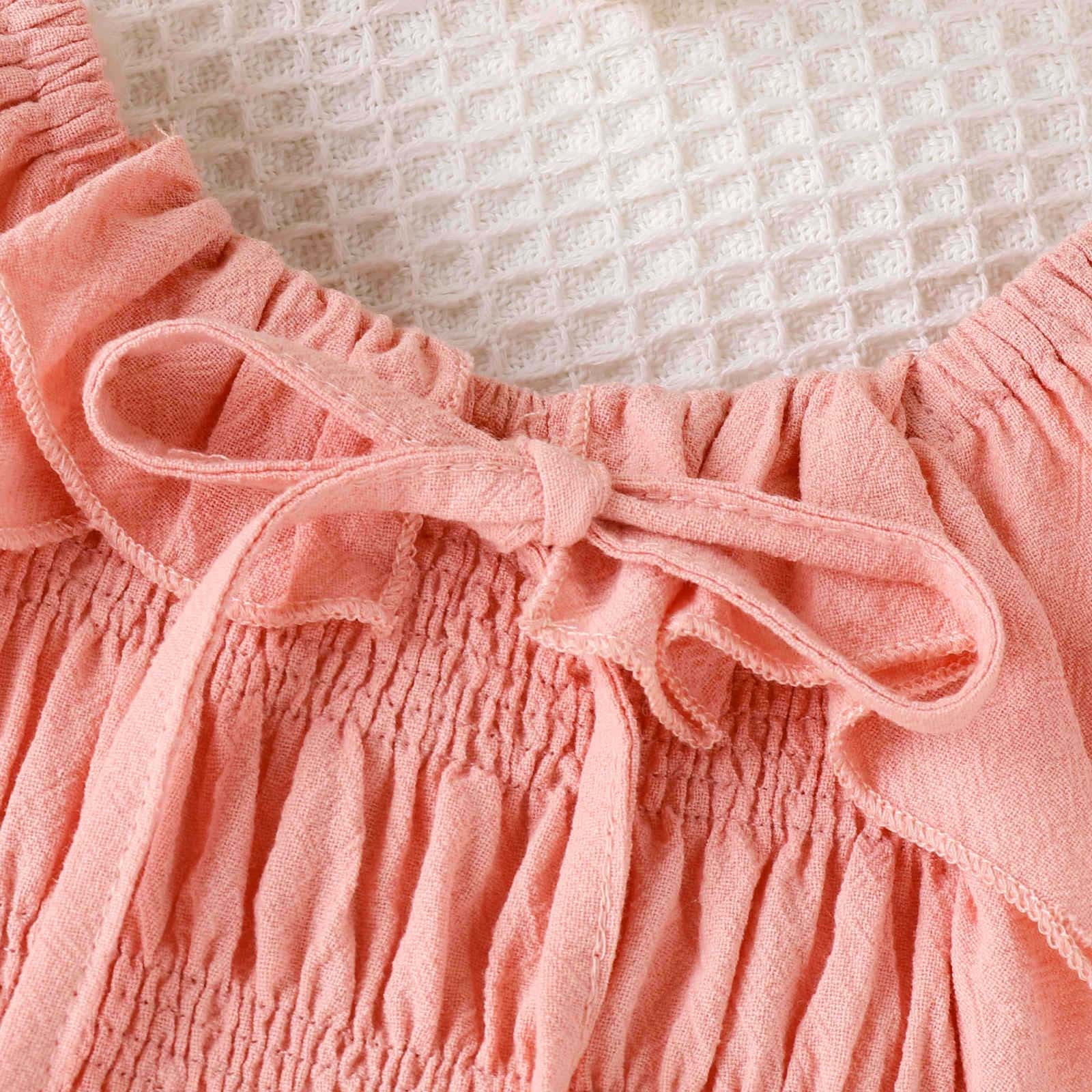 Kid Girl Mesh Bowknot Design Textured Puff-sleeve Pink Dress