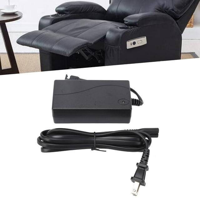 Power Recliner Power Supply, Adapter for Lift Chair or Power Recliner with AC Power Wall Cord. The image shows a black ABS power supply unit with a connected power cord and plug, designed for compatibility with recliners, lift chairs, and electric sofas. The power supply features a working voltage of AC 100-240V, output power of DC 29V/2.0A, and standby power consumption of less than 1W. It includes overcurrent, short circuit, and overheating protection. A black recliner is visible in the background, showcasing its intended use.