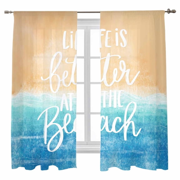 Sheer Curtains 63 inches Long, Blue Beach Life Is Better at The Beach Blue-Brown Seaside Light Filtering Sheer Window Curtains Rod Pocket Voile Drapes for Bedroom Living Room, 52"W x 63"L 2 Panels