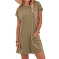 thumbnail image 4 of Womens Summer Casual Solid Color Romper Short Sleeve Crewneck Shorts Overalls Jumpsuit with Pockets Outfits Back Zipped Khaki, 4 of 8