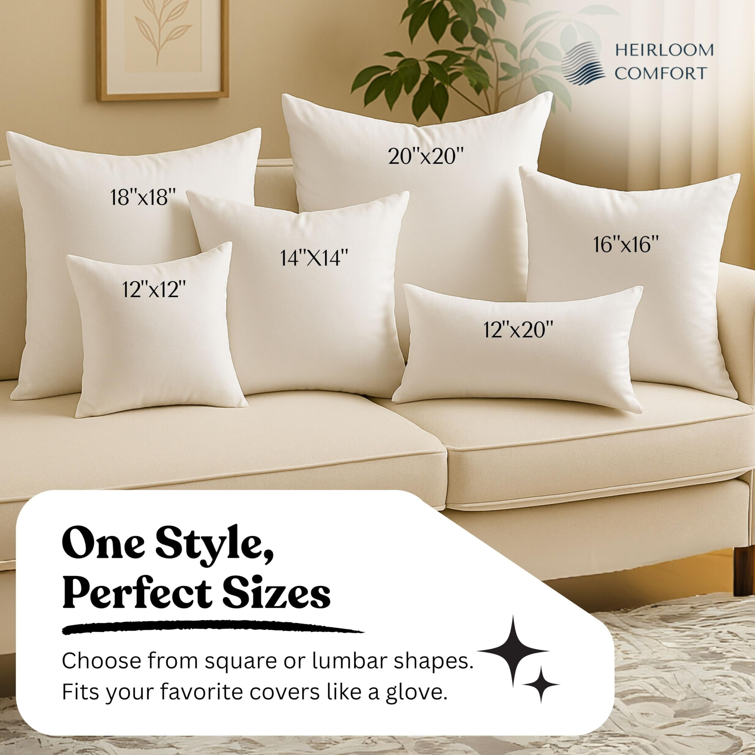 Heirloom Comfort Throw Pillow Inserts (Pack of 4, 18"x18", White, Polyester) - Square Cushions for Bed, Couch, or Reading Nook - Soft Fill for Support, Layering & Interior Design