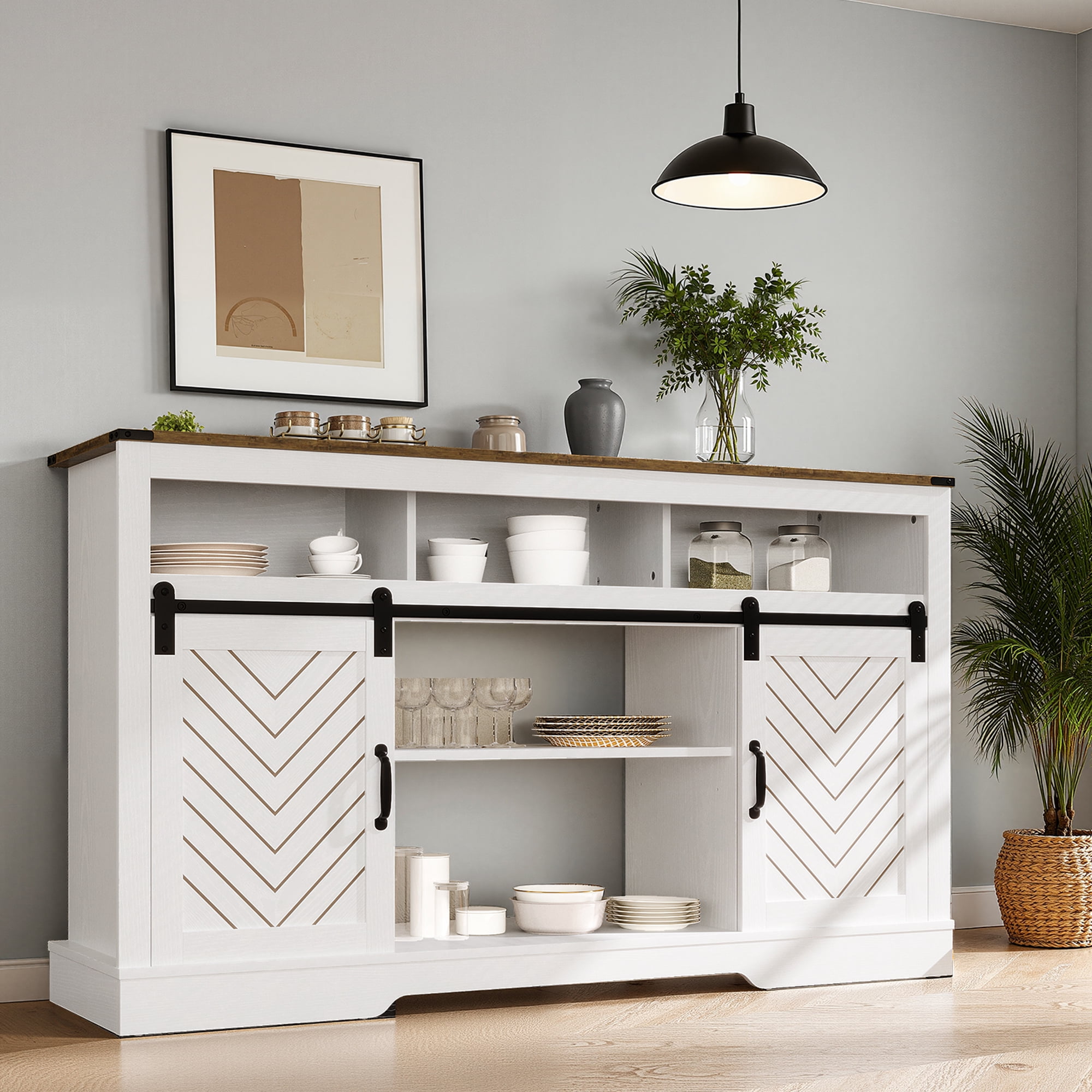 May in Color Farmhouse TV Stand, 34 Inch Tall, for 65+ Inch TV, Sliding Bar Door, Wood-Tone White
