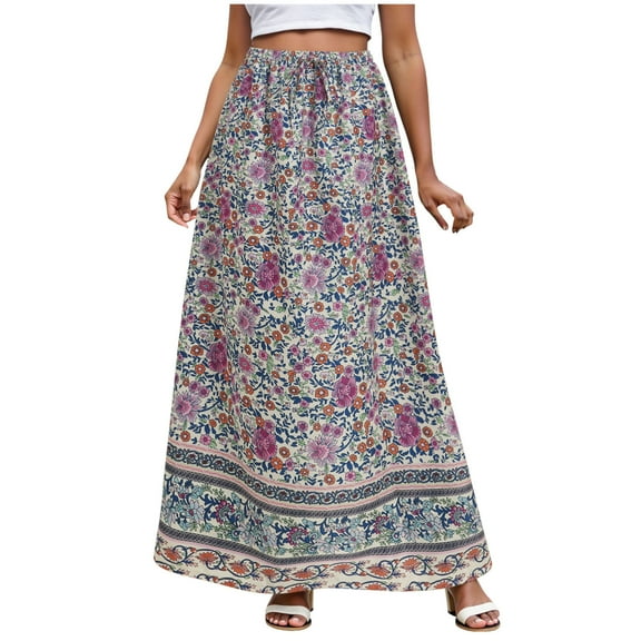 vigerkar Womens Boho Maxi Skirt 2025 Summer Floral Print Flowy Long Skirts Trendy Smocked High Waisted Tiered Maxi Skirts Purple, L