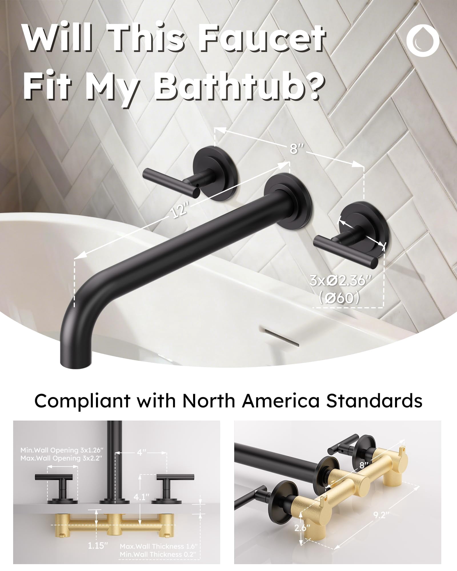 Wall Mount Tub Filler Black Solid Brass Two Handles Long Spout Bathroom Bathtub Faucet