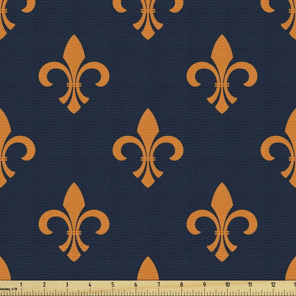 Ambesonne Fleur De Lis Fabric by the Yard Upholstery, Heraldic Design, 1 Yard, Indigo Orange
