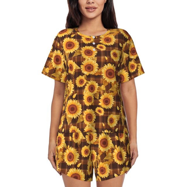 Balery Vintage Brown Plaid Sunflower Conjunto de Pijama para Mujer con Estampado, Dos Piezas de Manga Corta y Shorts, Ropa de Dormir Suave con Cuello Redondo y Bolsillos-X-Large