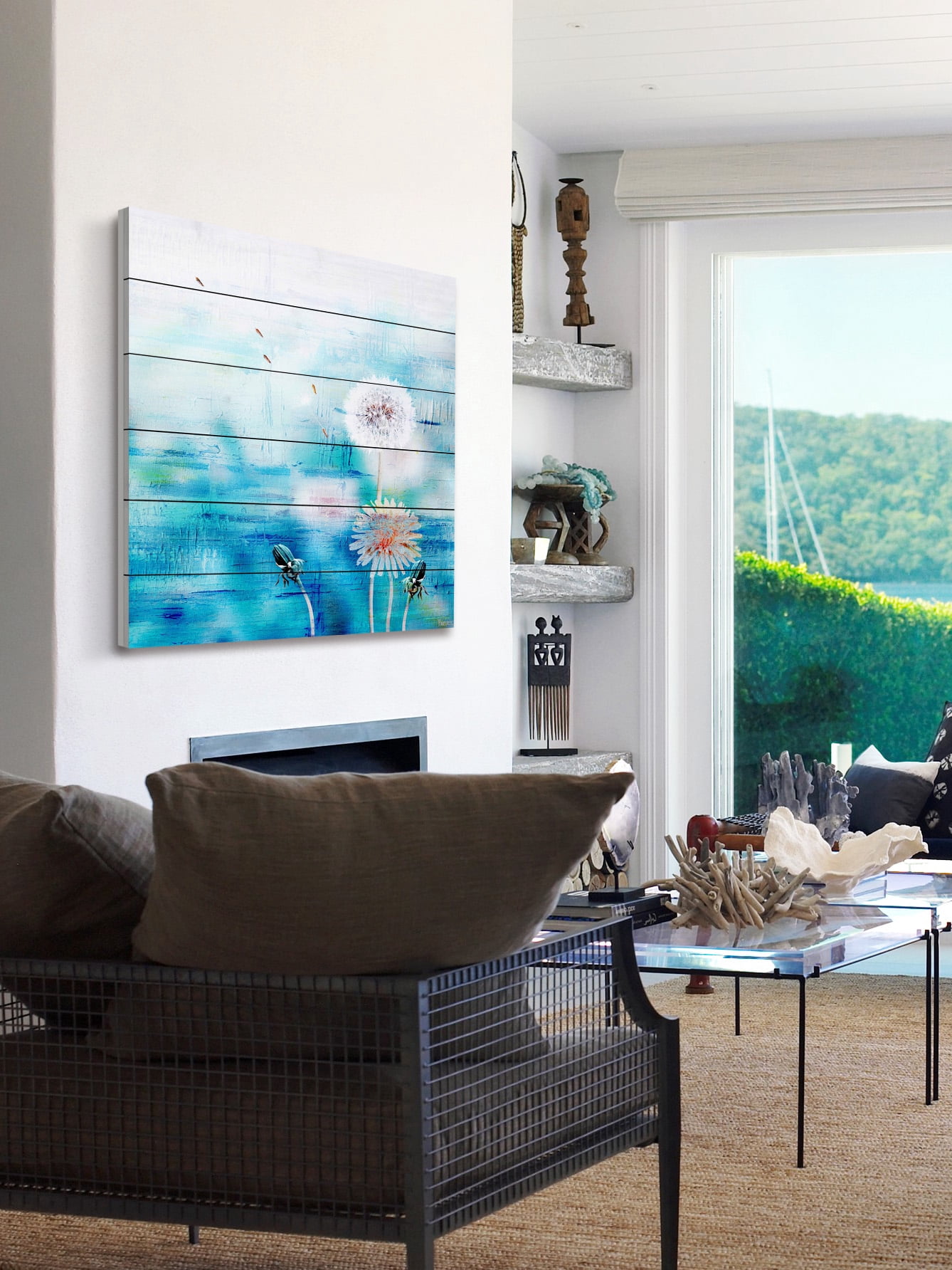 "Dandy Puffs on Blue" Painting Print on White Wood