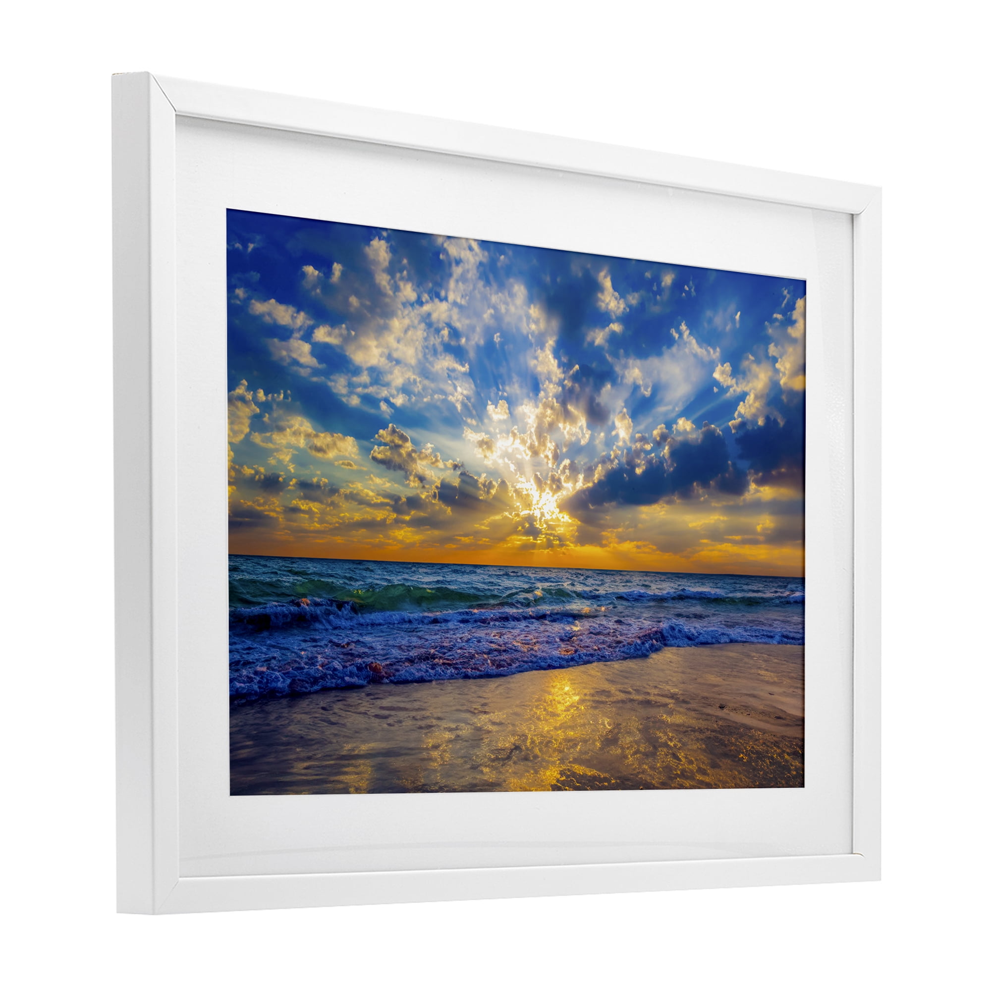 Stupell Industries Golden Blue Sun Ray On Beach White Framed Print Under Glass, design by Eszra Tanner