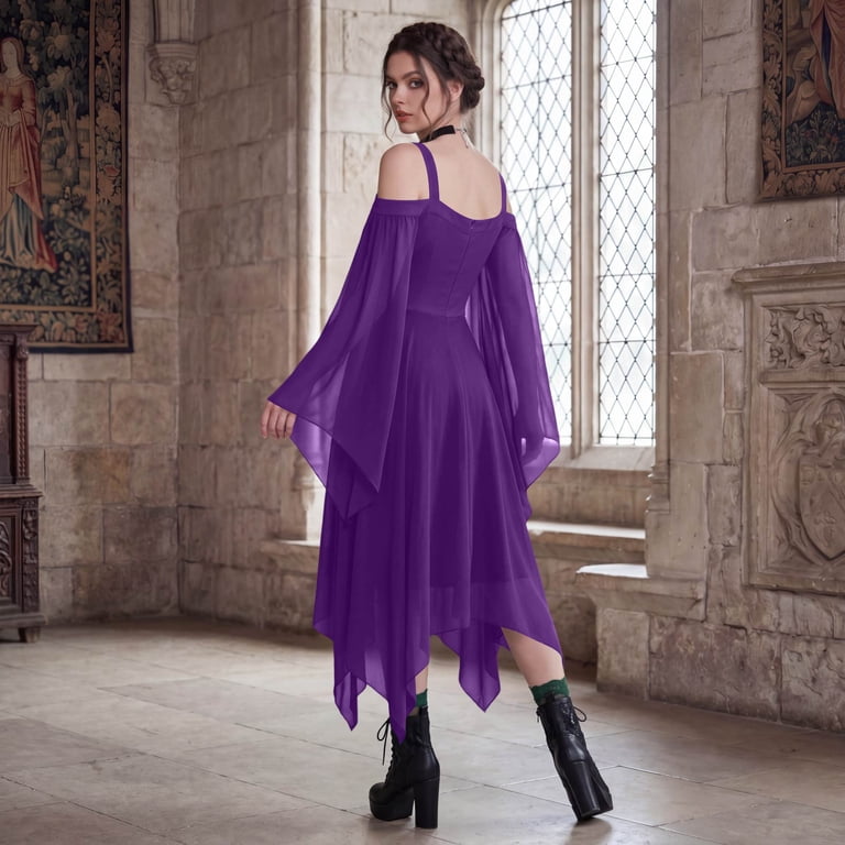 Women's Gothic Victorian Dress Off Shoulder Chiffon Butterfly Sleeve Asymmetrical Hem Solid Color Romantic Court Gown Purple XL