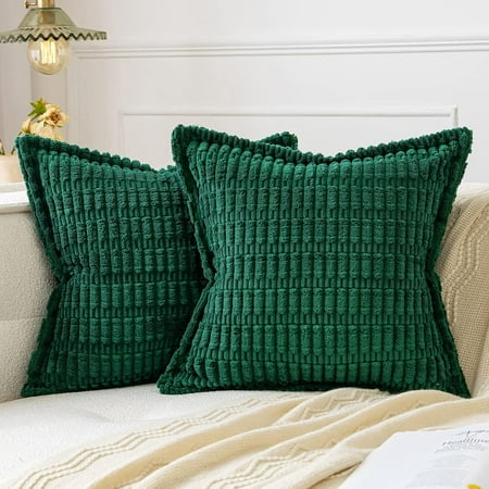 

MIULEE Green Corduroy Decorative Throw Pillow Covers Pack of 2 Soft Striped Pillows Pillowcases with Broad Edge Modern Boho Home Decor for Couch Sofa Bed Spring 16x16 Inch