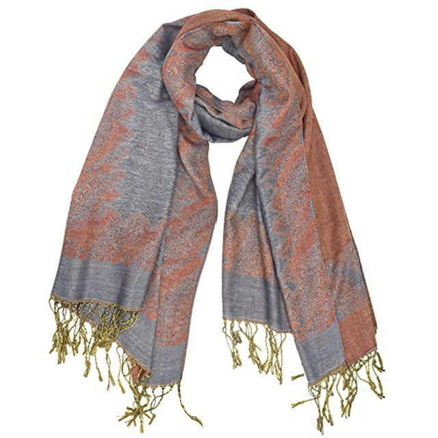 Peach Couture Women's Ravishing Reversible Jacquard Paisley Shawl Wrap Pashmina (Grey/ Rust)