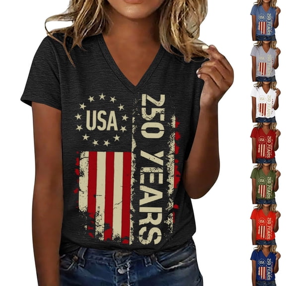 Rvusndi 250 Anniversary Usa Shirt Women Summer Tops Independence Day Stylish Printed Short Sleeve Comfortable Casual Daily Everyday Wear Army Green L